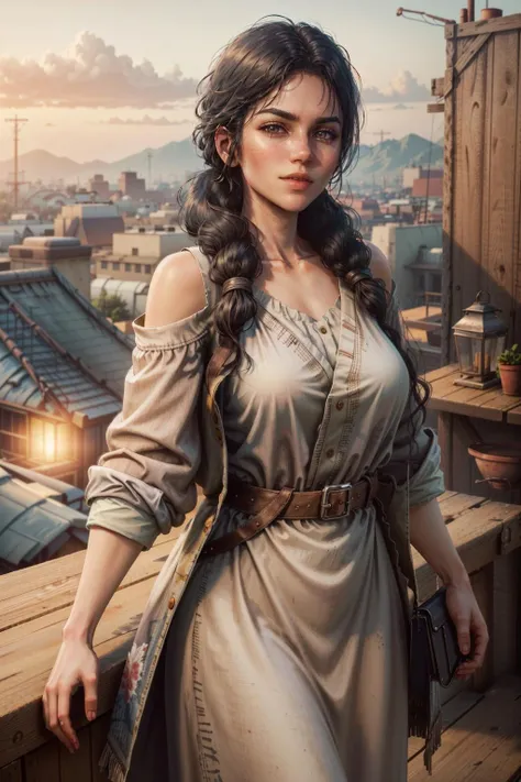 (masterpiece, best quality:1.3) 
<lora:epi_noiseoffset2:1> <lora:add_detail:0.7> <lora:RDRAbigail:0.8>
RDRAbigail, 1girl, solo, long hair, realistic, full shot , rooftop bar, evening, lively and energetic with a mix of natural and artificial light 4k, 8k, trending on artstation, art