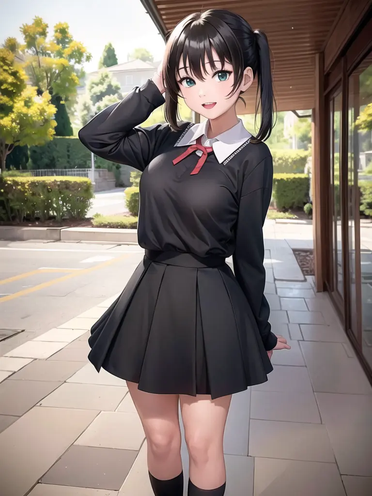 1girl, solo,(best quality),(masterpiece:1.1), school uniform, full body, looking_at_viewer, dynamic angle, neck_ribbon, cute, clear facial skin,