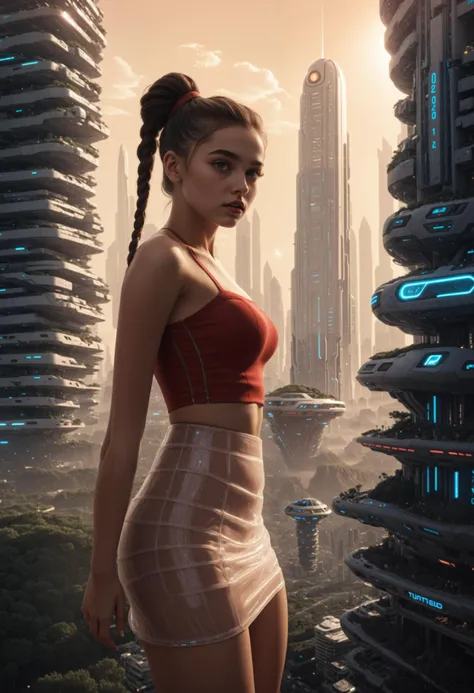 8k, RAW photo, clear detail, in foreground: closeup of an eye catching 20 year old woman's skirt in futureurban city (in a very hot climate:0.6). (she has ponytails, beautiful face and attractive eyes, wearing short red elastane skirt with transparent sides, short white elastane tube top:1.05). background: (elevator glass tubes spanning whole sky and down to the ground, purple robot shuttle swarms spinning around, delivery drones with their orange lights carrying whole trees, buildings rising up to the clouds from below as the backdrop to the whole futuristic skyline:0.7). (great lighting on subject, extremely detailed, detailed white box buildings, round green buildings, spiky black skyscrapers, organic yellow skyscrapers:0.4), aesthetic and atmospheric scene from award-winning movie with optimistic futuristic setting