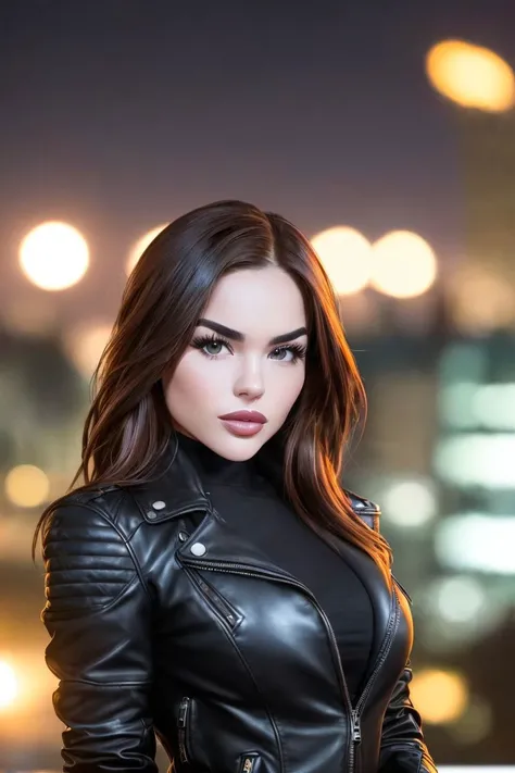 a photo of S077_MariaMartskaya, a gorgeous woman, on a (rooftop:1.2), ((dark-night:1.3)), wearing a (leather-jacket), (8k, RAW photo, best quality, ultra high res, depth of field:1.2), (absurdres, intricate, photorealistic, masterpiece, ultra-detailed, Unreal Engine:1.3)