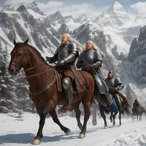 middle earth, Knight Charging into battle on horseback, wielding a lance and clad in heavy armor, Gentleman, Average Height, Obese, Round Face, Tan Skin, Chestnut Hair, Blue Eyes with Green Flecks, Narrow Nose, Full Lips, Round Chin, Stubble, Shoulder-length, Dreadlocks, A frozen tundra, with icy peaks and frozen lakes stretching as far as the eye can see, Tolkien, <lora:epiNoiseoffset_v2Pynoise:2>