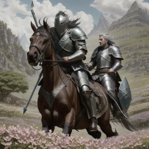 middle earth, Knight Charging into battle on horseback, wielding a lance and clad in heavy armor, Knight, Tall, Athletic, Round Face, Dark Skin, Gray Hair, jade Eyes, Straight Nose, Thin Lips, Prominent Chin, French Fork, Crew Cut, Mohawk, An enchanted meadow, with colorful flowers and magical creatures roaming free, Tolkien, <lora:epiNoiseoffset_v2Pynoise:2>