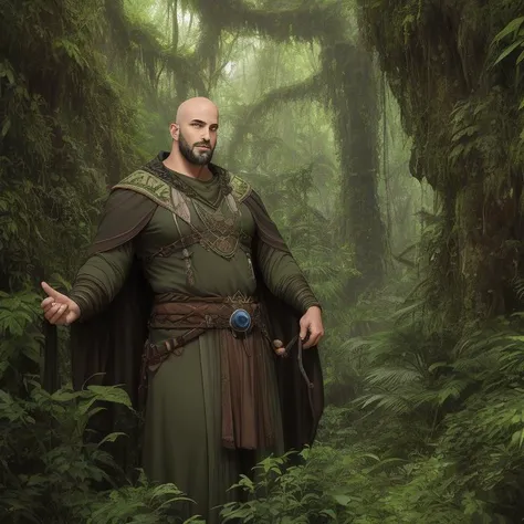 Druid protecting the forest from invaders, Gentleman, Average Height, Slim, Diamond-Shaped Face, Olive Skin, Brown Hair, Gray Eyes, Wide Nose, Thick Lips, Receding Chin, Extended Goatee, Bald, Crew Cut, An ancient, mystical ruin, hidden deep in a dense, overgrown jungle, <lora:epiNoiseoffset_v2Pynoise:2>