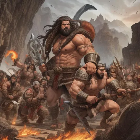 Barbarian Letting out a bloodcurdling roar as they charge into battle, wielding a massive battle axe, Mogul, Average Height, Slim, Oval Face, Tan Skin, Salt and Pepper Hair, coral Eyes, Long Nose, Full Lips, Sharp Chin, Ducktail, Very Long, Dreadlocks, A sprawling dwarven city, carved deep into the heart of a mountain, <lora:epiNoiseoffset_v2Pynoise:2>