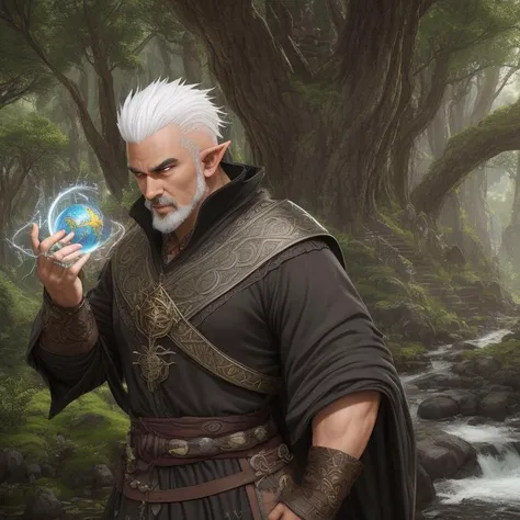 middle earth, Summoner Calling forth a dragon, Duke, Tall, Slim, Round Face, Dark Skin, White Hair, black Eyes, Straight Nose, Pouty Lips, Round Chin, Extended Goatee, Bald, Mohawk, A lush elven forest, filled with towering trees and sparkling streams, Tolkien, <lora:epiNoiseoffset_v2Pynoise:2>