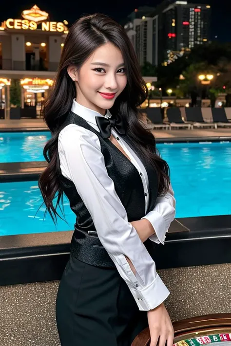 cinematic, middle shot, slim face, long nose, (clear eyes:1.1), archaic smile, __hairstyle__ exquisitely beautiful female models wearing white long sleeves business shirt and playing as casino dealers at a pool side cocktail party, charcoal black bow tie and vest, midnight, OverallDetail <lora:ThaiDollLikeness_v10:0.75>