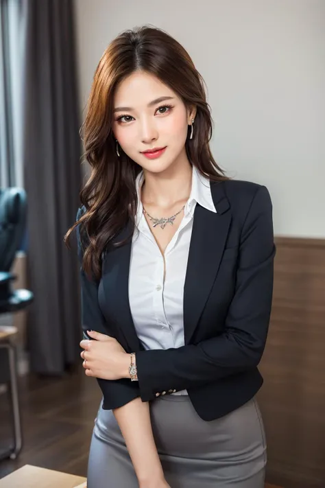 (masterpiece:1.3), (best quality:1.3), (realistic:1.3), (photorealistic:1.4), (extremely intricate:1.3), (exquisitely detailed skin), cinematic light, rimlight, vibrant color, depth of field, ultra high res, 8k, uhd, hyper realistic, perfect anatomy, best shadow, ray tracing, delicate, intricate detailed, raw photo, hdr, sharp focus, 1girl, solo, random hairstyle, office lady, beautiful woman wearing business suit, white collared shirt, pencil skirt, gloss lips, eyeshadow, jewelry, earrings, necklace, looking at viewer, naughty face, naughty smile, dynamic pose, office <lora:ThaiDollLikeness_v10:0.6>
