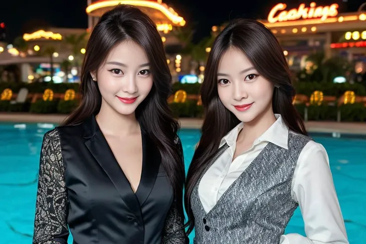 cinematic, middle shot, slim face, long nose, (clear eyes:1.1), archaic smile, __hairstyle__ exquisitely beautiful female models wearing white long sleeves business shirt and playing as casino dealers at a pool side cocktail party, charcoal black tie and vest, midnight, OverallDetail <lora:ThaiDollLikeness_v10:0.75>