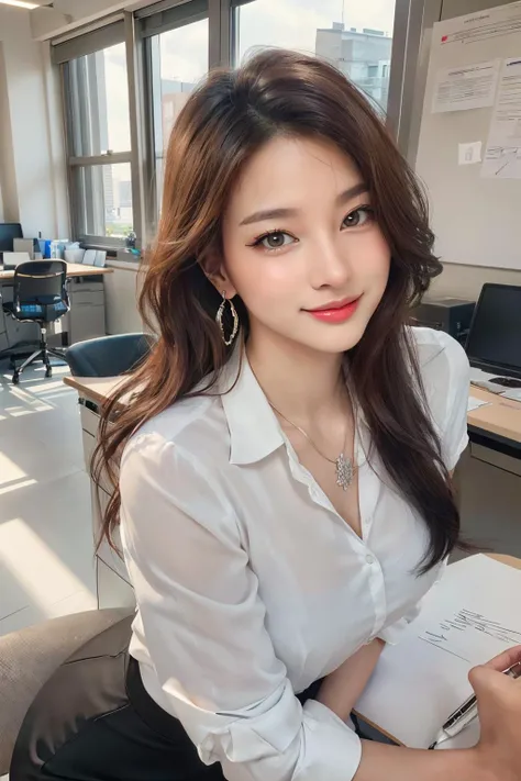 ((highest quality, 8K, masterpiece, portrait: 1.3)), (looking at the viewer), (full shot:0.85), attractive business mature woman, 1 person、 white collared shirt, gray skirt,((big breasts 2.5)) (big pelvis:0.3),((Very plump 2.5))、 (officeの椅子に座っている)), smile:0.2, president'office,good posture、Brown medium hair、gentle smile、office、In the office、