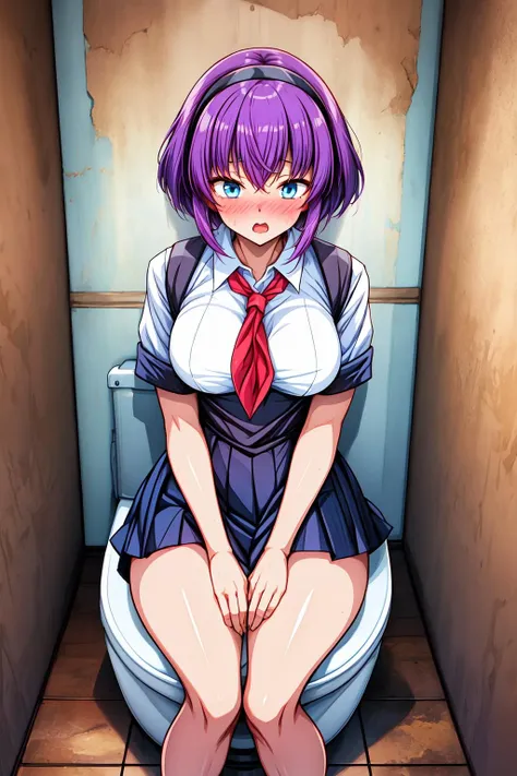 1girl, Abandoned building, peeling wallpaper, broken windows, dusty floors, eerie atmosphere, cowboy shot, nose blush, open mouth, sitting, (toilet:1.2), 
mizuishi_rikana, blue eyes, purple hair, short hair, bangs, hairband, red necktie, school uniform, white shirt, high-waist skirt, <lora:mizuishi_rikana_lora_ver1:0.7>, best quality, masterpiece, highres, <lora:GoodHands-vanilla:1>