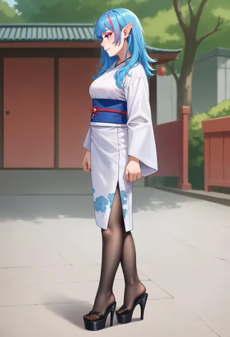 score_9, score_8_up, score_7_up, source_anime, female, <lora:edgPastelGothPonyv1:1>, edgPastelGoth, wearing edgPastelGoth, streaked hair, blue hair, medium breasts, eyeshadow, blue eyes, looking aside, profile, kimono, white kimono, humanoid pointy ears, full-length portrait, light smile, head tilt, high heels, pantyhose, mature female,