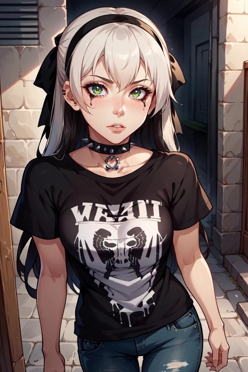 score_9, score_8_up, source_anime, 1girl, solo BREAK <lora:edgScenePonyv1:1> with a edgScene hairstyle,multicolored hair, two-tone hair, goth makeup,spikes,choker <lora:elie-pdxl-nvwls-v1:0.8> zeroElie, black hairband, hair ribbon, long hair, black t-shirt, jeans, looking at viewer, black and white hair