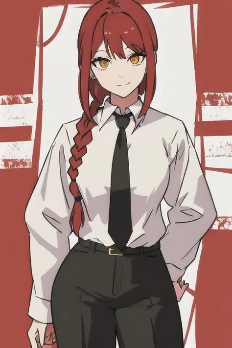 makima \(chainsaw man\),standing, red hair, long braided hair, golden eyes, bangs, white shirt, necktie, stare, smile, ringed eyes, black necktie, closed mouth, wide hips, cowboy shot,