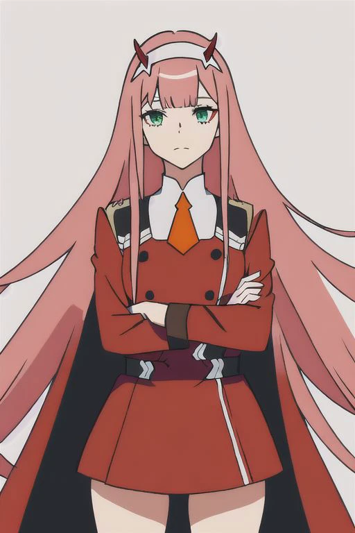 zero two \(darling in the franxx\), darling in the franxx, 1girl, bangs, black eyeliner, blunt bangs, character name, closed mouth, coat, cowboy shot, crossed arms, dress, green eyes, hairband, horns, long hair, looking at viewer, military, military uniform, necktie, oni horns, orange necktie, pink hair, red background, red dress, red horns, simple background, solo, standing, straight-on, uniform, white coat, white hairband