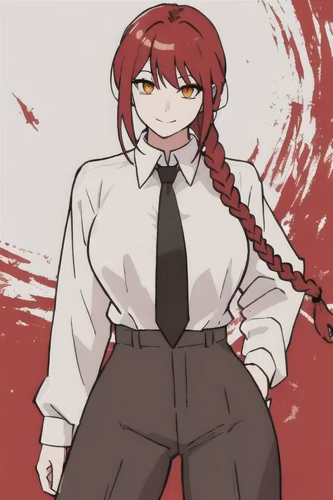 makima \(chainsaw man\),standing, red hair, long braided hair, golden eyes, bangs, white shirt, necktie, stare, smile, ringed eyes, black necktie, closed mouth, wide hips, cowboy shot,