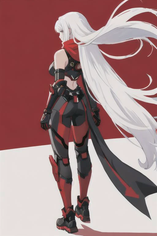 high quality, 1girl, android, (black and red) upper armor, mechanical arms, scarf, long hair, white hair, standing, red background, looking at viewer, from behind, simple background,