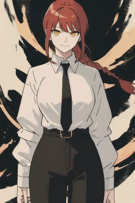 makima \(chainsaw man\),standing, red hair, long braided hair, golden eyes, bangs, white shirt, necktie, stare, smile, ringed eyes, black necktie, closed mouth, wide hips, cowboy shot,