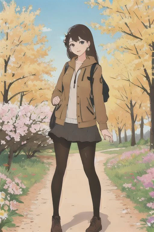 (1girl, pantyhose, hiking, outdoors, nature, tree, flowers)