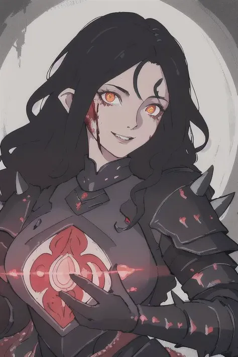 (best quality, masterpiece,ultra-detailed:1.2),full body, close up, ((crazy eyes, glowing eyes)), extreme detail, 1girl, seductive smile, ,curvy mature body, (blood on face, blood on clothes),((power armour. armored glowes)),((glowing, armor, spikes, teeth, monster, dirty, tentacles, pus, pimples, crack)) , best quality, truenurgle,black long curly hair,grey eyes, aestheticism, young, , oil painting,post-impressionist,well,indigo lighting,COOL, horror /(theme/), dark , creepy , blood , monsters , by Jason Engle , Carlos Huante , Charlie Bowater , Simon Lee , Brom, (Surrealism), dreamlike , distorted , abstract , symbolic