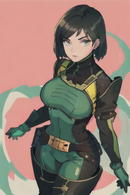 1girl, solo, narrow waist, thick thighs, looking back, looking at viewer, valorantViper, green eyes, bodysuit, gloves, belt, thigh boots