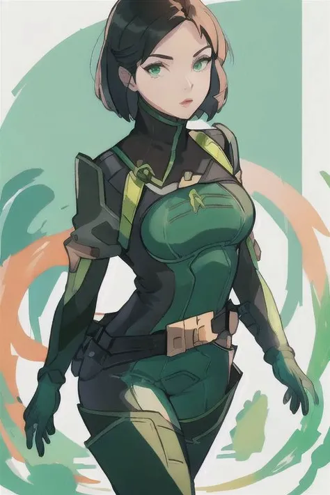 1girl, solo, looking at viewer, valorantViper, green eyes, bodysuit, gloves, belt, thigh boots