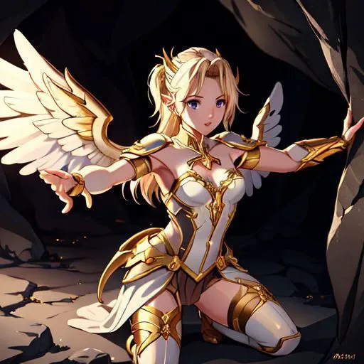 (masterpiece, best quality, beautiful, realistic, realistic lighting), 1girl, mercy, angel, IvoryGoldAI, fighting orcs in a dark cave, scared