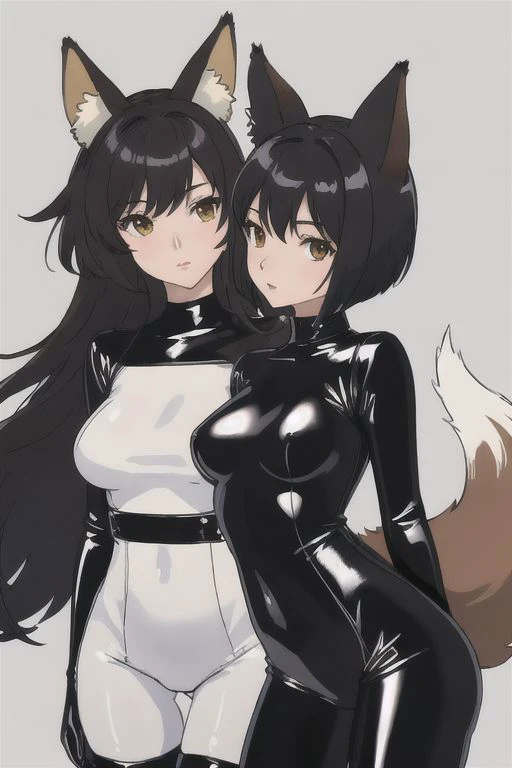 (masterpiece, best quality:1.2),good hands,nice hands, ,gloves,bodysuit,2girls,non-web source,fox girl,short hair,latex,fox tail,long hair,black hair,small breasts,latex bodysuit,fox ears,animal ears,multiple girls