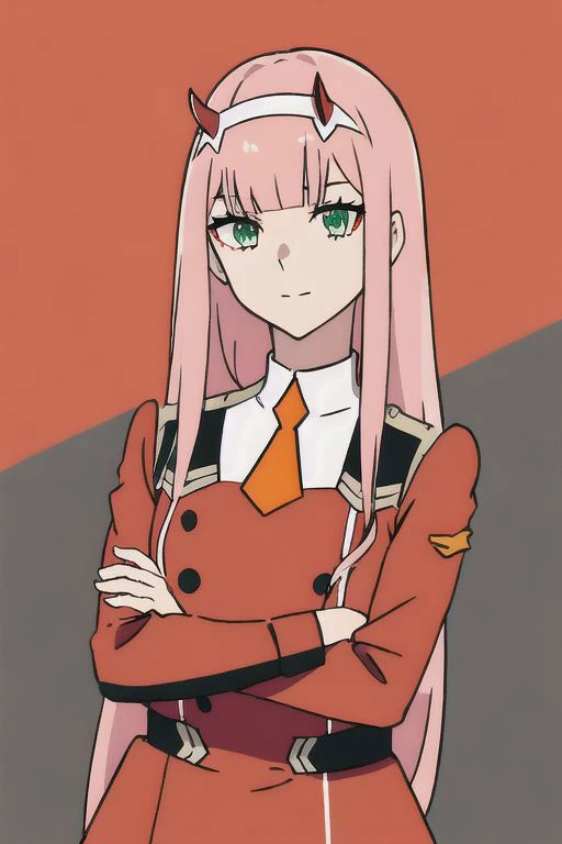 zero two \(darling in the franxx\), darling in the franxx, 1girl, bangs, black eyeliner, blunt bangs, character name, closed mouth, cowboy shot, crossed arms, dress, green eyes, hairband, horns, long hair, looking at viewer, military, military uniform, necktie, oni horns, orange necktie, pink hair, red background, red dress, red horns, simple background, solo, standing, straight-on, uniform, white hairband