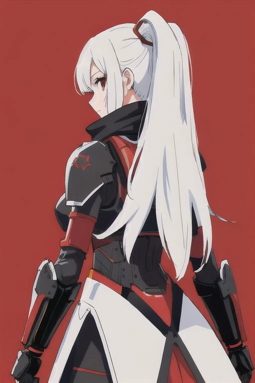 high quality, 1girl, android, (black and red) upper armor, mechanical arms, scarf, long hair, white hair, standing, red background, looking at viewer, from behind, simple background,