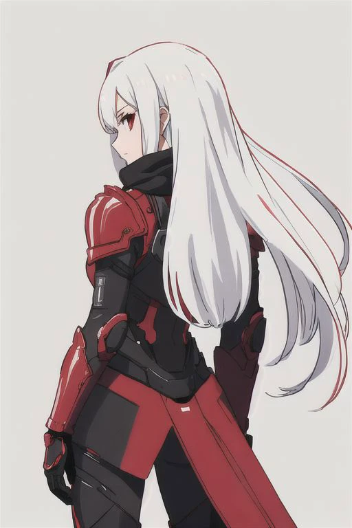 high quality, 1girl, android, (black and red) upper armor, mechanical arms, scarf, long hair, white hair, standing, red background, looking at viewer, from behind, simple background,