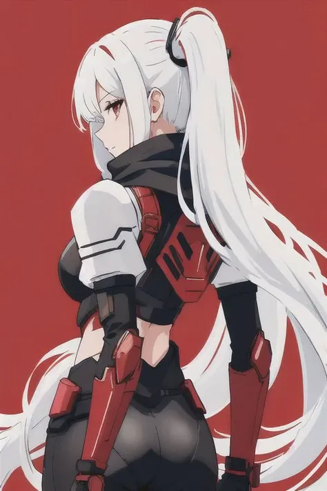 high quality, 1girl, android, (black and red) upper armor, mechanical arms, scarf, long hair, white hair, standing, red background, looking at viewer, from behind, simple background,