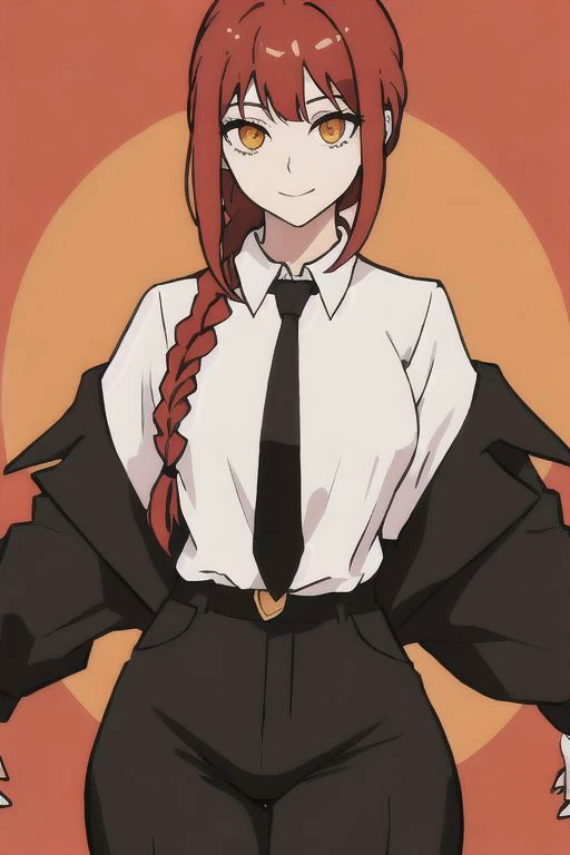 makima \(chainsaw man\),standing, red hair, long braided hair, golden eyes, bangs, white shirt, necktie, stare, smile, ringed eyes, black necktie, closed mouth, wide hips, cowboy shot,