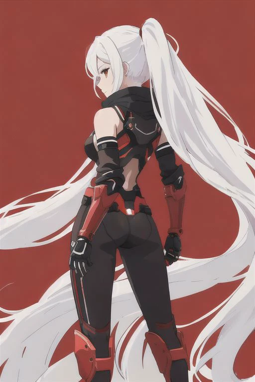 high quality, 1girl, android, (black and red) upper armor, mechanical arms, scarf, long hair, white hair, standing, red background, looking at viewer, from behind, simple background,