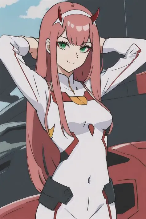 zero two, darling in the franxx, 1girl, solo, masterpiece, best quality, ultra-detailed, depth of field, slender, detailed background, clouds, bangs, covered navel, eyeshadow, green eyes, hair behind head, arms crossed, horns, smirk, long hair, looking at viewer, makeup, small breasts, pilot suit, red suit, pink hair, red eyeshadow, science fiction, sci-fi