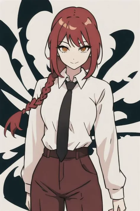 makima \(chainsaw man\),standing, red hair, long braided hair, golden eyes, bangs, white shirt, necktie, stare, smile, ringed eyes, black necktie, closed mouth, wide hips, cowboy shot,