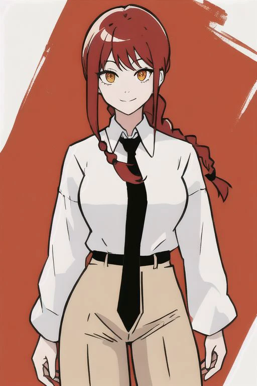 makima \(chainsaw man\),standing, red hair, long braided hair, golden eyes, bangs, white shirt, necktie, stare, smile, ringed eyes, black necktie, closed mouth, wide hips, cowboy shot,