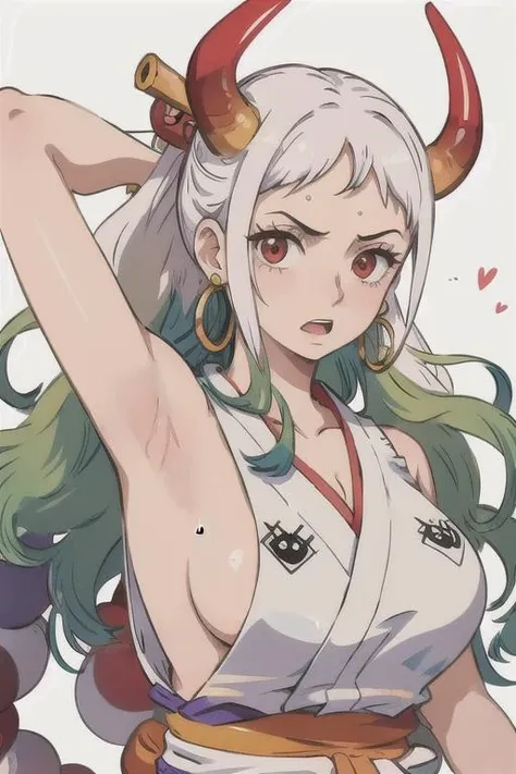 yamato\(one piece\),hair ornament,kimono,sweat,oni,earrings,japanese clothes,1girl,hoop earrings,sleeveless,hair stick,multicolored hair,looking at viewer,upper body,red eyes,solo,curled horns,horns,sideboob,green hair,cleavage,sleeveless kimono,long hair,jewelry,large breasts,blush,red horns,collarbone,(open mouth:0.7),soft lighting, arms up, armpits,
<lora:yamatowanpi3_64dim-5e-5:0.8> yamatowanpi