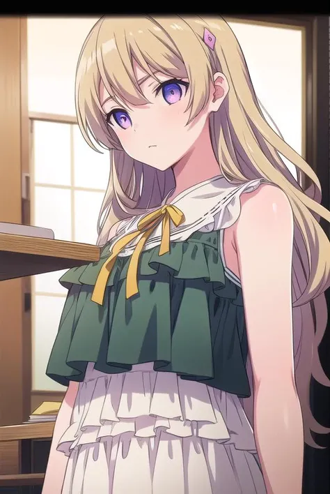 momokafujiwara, <lyco:momokafujiwara-lyco-nochekaiser:1>,
momoka fujiwara, long hair, blonde hair, hair ornament, (purple eyes:1.1),
BREAK dress, green dress, frills, sleeveless, ribbon, yellow ribbon, skirt,
BREAK looking at viewer,
BREAK indoors,
BREAK <lora:GoodHands-vanilla:1>, (masterpiece:1.2), best quality, high resolution, unity 8k wallpaper, (illustration:0.8), (beautiful detailed eyes:1.6), extremely detailed face, perfect lighting, extremely detailed CG, (perfect hands, perfect anatomy),