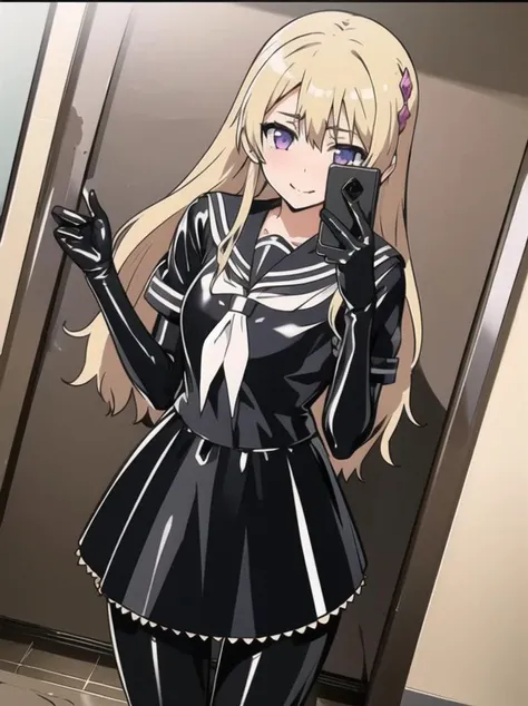 masterpiece,best quality,extremely detailed face,
1girl,solo,momoka fujiwara,long hair,blonde hair,hair ornament,purple eyes,medium breasts,
smile,
(latex serafuku,black serafuku,latex pantyhose,latex skirt, A:1.2),shiny skin,
selfie,mirror,
<lora:bserafuku:0.8>,<lora:momokafujiwara-lyco-nochekaiser:0.8>,<lora:pose selfie mirror:1>,
