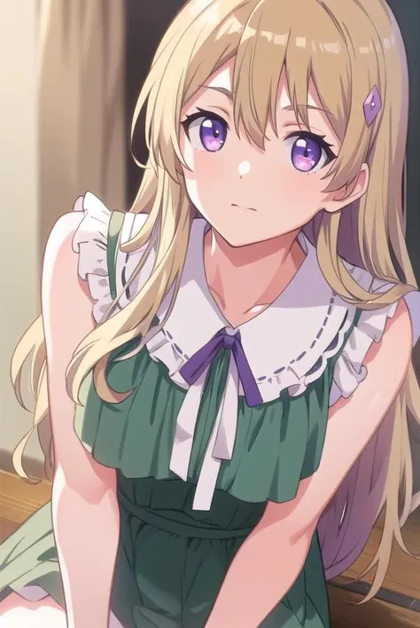 momokafujiwara, <lyco:momokafujiwara-lyco-nochekaiser:1>,
momoka fujiwara, long hair, blonde hair, hair ornament, (purple eyes:1.1),
BREAK dress, green dress, frills, sleeveless, ribbon, yellow ribbon, skirt,
BREAK looking at viewer,
BREAK indoors,
BREAK <lora:GoodHands-vanilla:1>, (masterpiece:1.2), best quality, high resolution, unity 8k wallpaper, (illustration:0.8), (beautiful detailed eyes:1.6), extremely detailed face, perfect lighting, extremely detailed CG, (perfect hands, perfect anatomy),