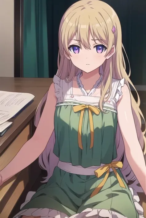 momokafujiwara, <lyco:momokafujiwara-lyco-nochekaiser:1>,
momoka fujiwara, long hair, blonde hair, hair ornament, (purple eyes:1.1),
BREAK dress, green dress, frills, sleeveless, ribbon, yellow ribbon, skirt,
BREAK looking at viewer,
BREAK indoors,
BREAK <lora:GoodHands-vanilla:1>, (masterpiece:1.2), best quality, high resolution, unity 8k wallpaper, (illustration:0.8), (beautiful detailed eyes:1.6), extremely detailed face, perfect lighting, extremely detailed CG, (perfect hands, perfect anatomy),