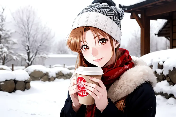 (RAW photo, best quality), 1girl, winter, snowflakes, holding a coffee, beanie hat, scarf, aroma, smile,
<lora:innai_kansen_shiromiya_asuka_v2_2:1.1>, shiromiya asuka,
