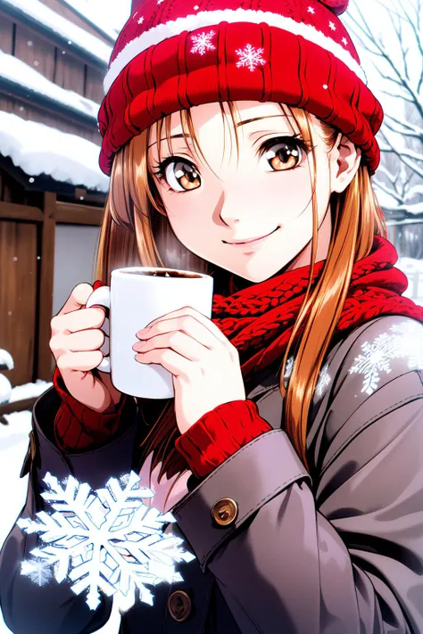 (RAW photo, best quality), 1girl, winter, snowflakes, holding a coffee, beanie hat, scarf, aroma, smile,
<lora:innai_kansen_shiromiya_asuka_v2_2:1.1>, shiromiya asuka,