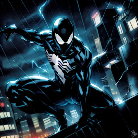 <lora:BlackSM:1>full shot image of BlackSM,action shot,dramatic,background city at night,rainy and stormy weather ,symetrical mask,hyperdetailed,photorealistic,gothic,looking at viewer