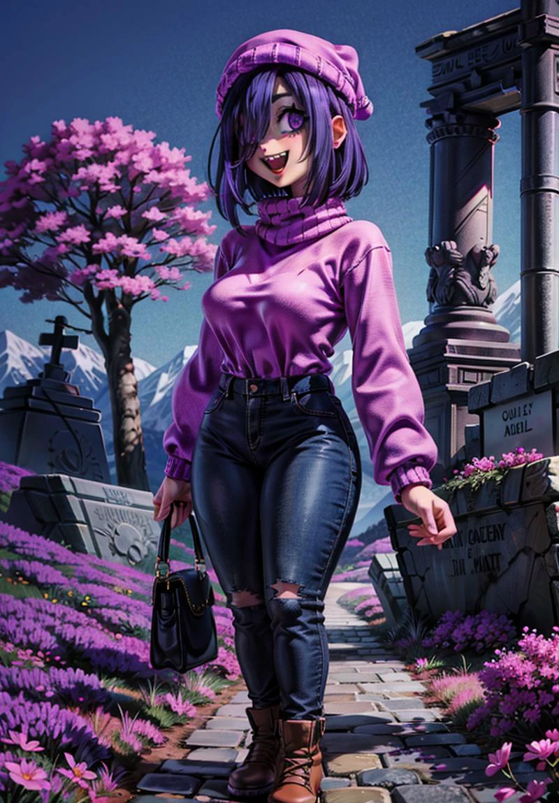 1girl, solo, breasts, smile, open mouth, intricate detail, detailed background, beautiful graveyard, hat, purple eyes, purple hair, teeth, pants, hair over one eye, sweater, blood, turtleneck, thick thighs, black pants, denim, sharp teeth, jeans, blood on face, turtleneck sweater, beanie, pink headwear, pink sweater, purple sweater <lora:stephanie:0.8> full body