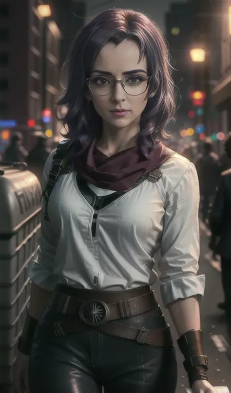 millie photo of a beautiful woman as a movie character, wearing glasses,, white blouse and a scarf, ally dirty, ally cat, dumpster, dark moody ambience (masterpiece:1.2) (photorealistic:1.2) (bokeh) (best quality) (detailed skin:1.2) (intricate details) (nighttime) (8k) (HDR) (cinematic lighting) (sharp focus), (looking at the camera:1.1), (closeup portrait:1.1),