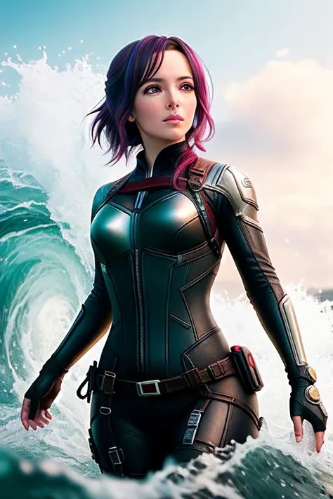 mille Create a highly detailed and hyper realistic full body portrait of a gorgeous young woman surfer with intricate details, sharp lines, and vibrant color scheme. The illustration should capture the essence of her joyful spirit as she rides the waves, with crisp lines that showcase her athletic physique and fluid movements. Incorporate elements from popular anime styles such as Eugene de Blaas and Ross Tran, while also drawing inspiration from masterpieces by artists like Alberto Seveso and Geo2099. The final image should be 4K resolution or higher, with a studio photo feel that highlights the intricate details of her surfboard
