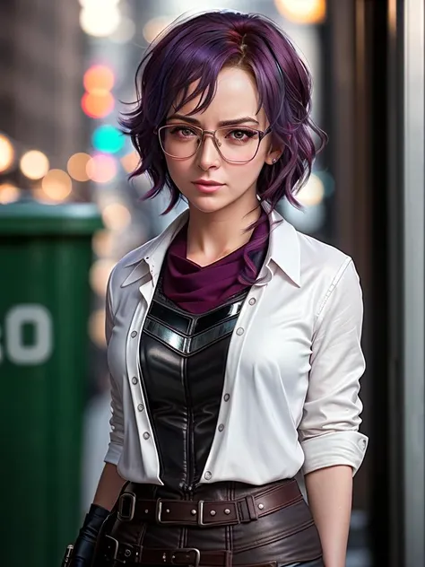 millie photo of a beautiful woman as a character, wearing glasses, white blouse and a scarf, look of surprise, ally, dirty, ally cat, dumpster, dark moody ambiance (masterpiece:1.2) (photorealistic:1.2) (bokeh) (best quality) (detailed skin:1.2) (intricate details) (nighttime) (8k) (HDR) (cinematic lighting) (sharp focus), (looking at the camera:1.1), (closeup portrait:1.1),