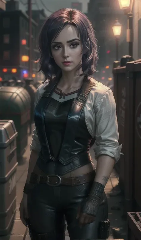 millie photo of a beautiful woman as a movie character, ally dirty, ally cat, dumpster, dark moody ambience (masterpiece:1.2) (photorealistic:1.2) (bokeh) (best quality) (detailed skin:1.2) (intricate details) (nighttime) (8k) (HDR) (cinematic lighting) (sharp focus), (looking at the camera:1.1), (closeup portrait:1.1),