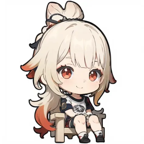 blonde hair, (red eyes), t-shirt, smile, 1girl, long hair, short sleeves, shorts, cute, (white background),sitting, long hair, <lora:gstamp_02:1>,chibi, white background, simple background, thick outline